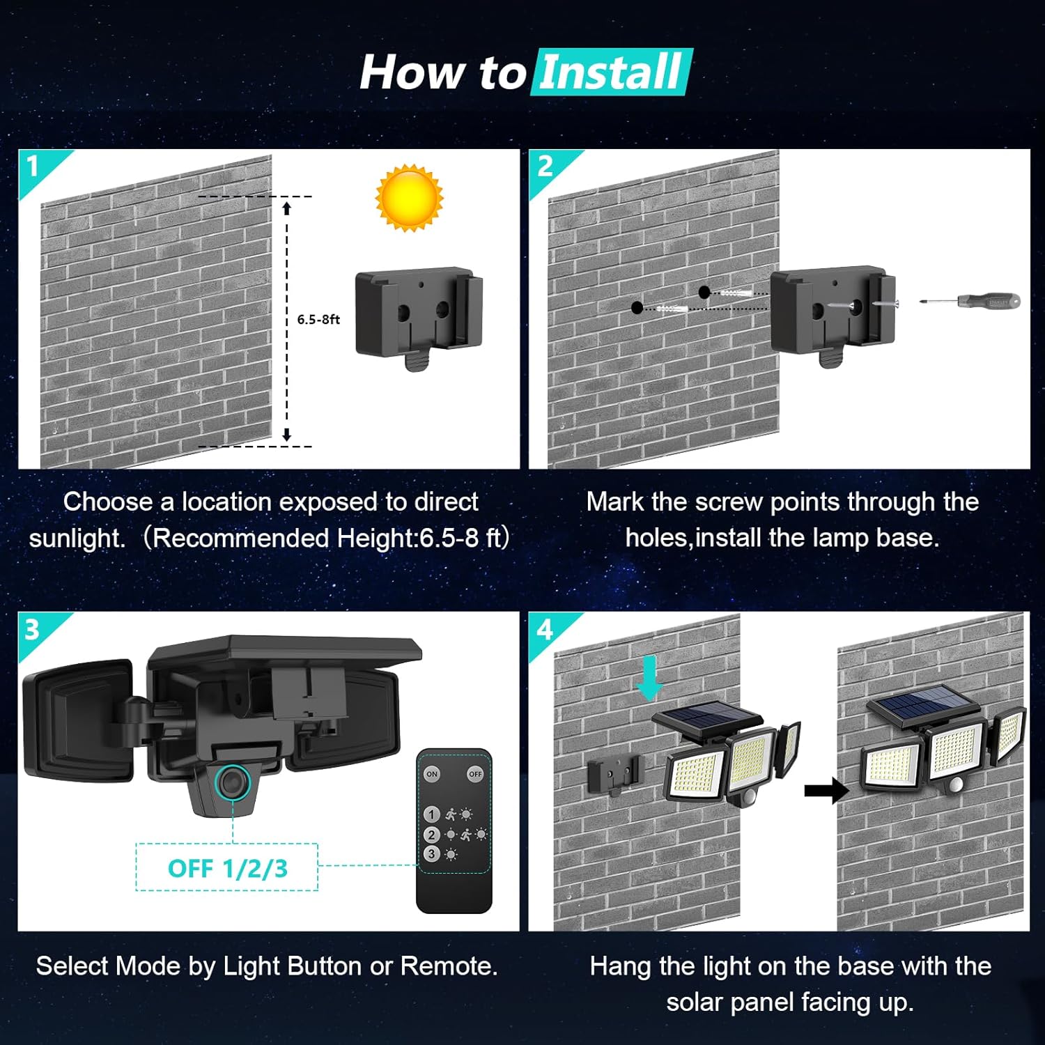 Solar Outdoor Security Lights 2500LM 210LED with Remote Control, 3-Heads Motion Sensor Flood Lights, 270° Wide Angle Lighting, IP65 Waterproof, 3 Lighting Modes Wall Lights for Yard Garage Patio Pathway