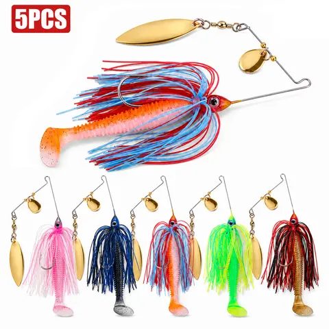 5-Piece Spinnerbait Fishing Lure Kit with Soft Paddle Tail Trailers, Double Gold Blades and Skirted 3/0 Hooks, 11g Bass Lures for Freshwater Fishing