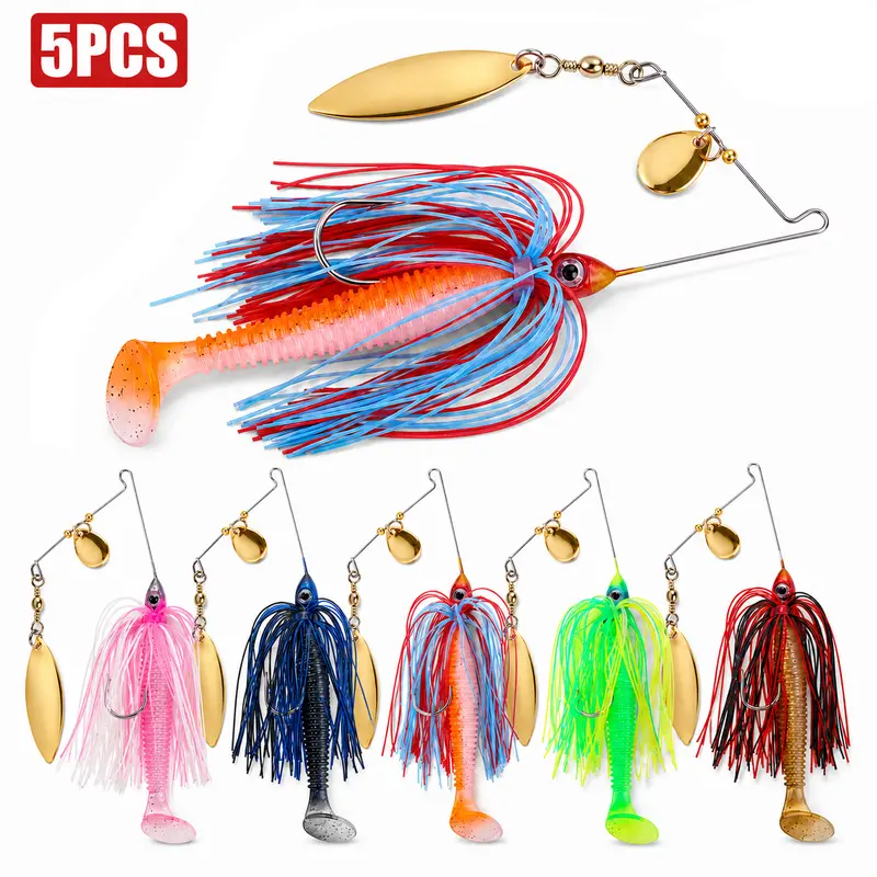 5-Piece Spinnerbait Fishing Lure Kit with Soft Paddle Tail Trailers, Double Gold Blades and Skirted 3/0 Hooks, 11g Bass Lures for Freshwater Fishing