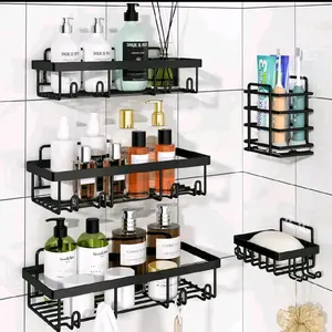5-Pack Wall-Mounted Shower Caddy Multifunctional Organizer Rack Set No Drill Holder Self Adhesive Black Basket Bathroom Home Accessories Storage Farmhouse Wall Inside Organization Decor Hanging Kitchen Skincare Removable Shelf Drying Toothbrush Soap