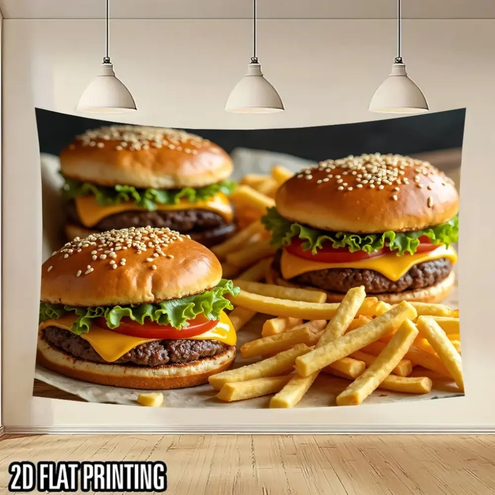 Realistic Juicy Burger Party Banner, Washable Polyester Fabric, Easy Clean, Birthday BBQ Theme Party Decor, Home Decoration