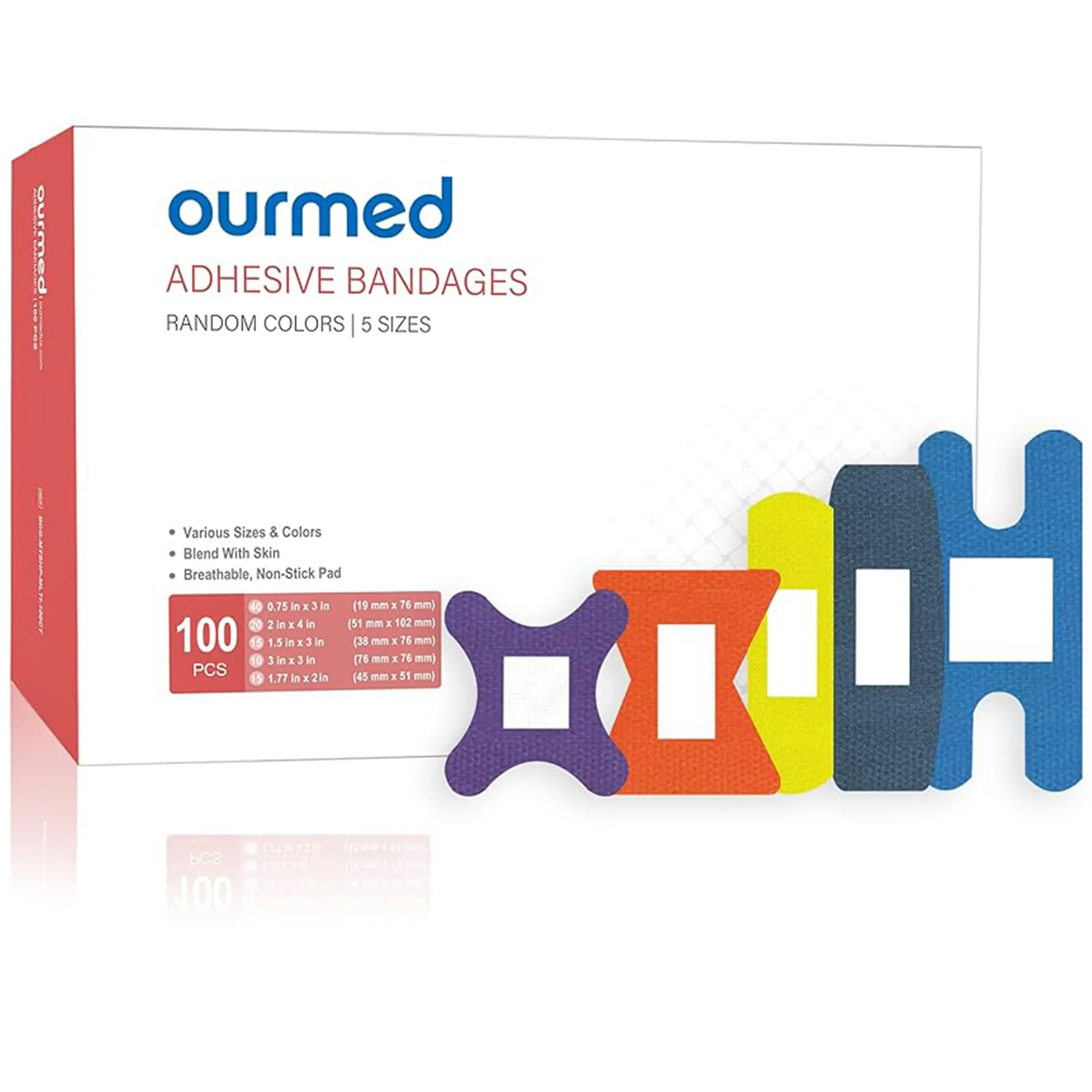 Ourmed Patterned Flexible Fabric Adhesive Bandages, Rainbow Color Multi-Pack (200/100 Count) Assorted Sizes, Latex-Free Breathable Long-Lasting, Non-Stick Absorbent Pad for Daily First Aid Wound Care, Minor Cuts and Scrapes | summer