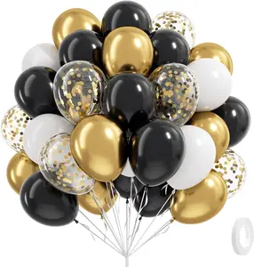 Black White and Gold Balloons - 60pcs 12inch Metallic Balloons for Anniversary, Birthday Party, and Decorations