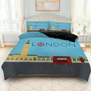 3PCS Duvet Cover Set, 1 Duvet+2 Pillowcases(Without filler), London Big Ben Bus Red Telephone Booth theme, Christmas bedding set, British Landmark Suitable for decoration bedroom living room hotel guest room