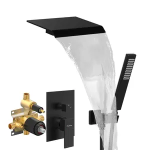 Male NPT Tub Faucet with Hand Shower, Matte Black Waterfall Bathtub Shower Faucet Set, Wall Mount Tub Shower System with Solid Brass Rough-in Valve Shower Trim Kit