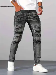 Spring  Men’s Streetwear Hip-Hop Layered Patchwork Slim Straight-Leg  — Fashionable Motorcycle Riding Denim for Spring chinos pantalones para hombre  for  cargo  for