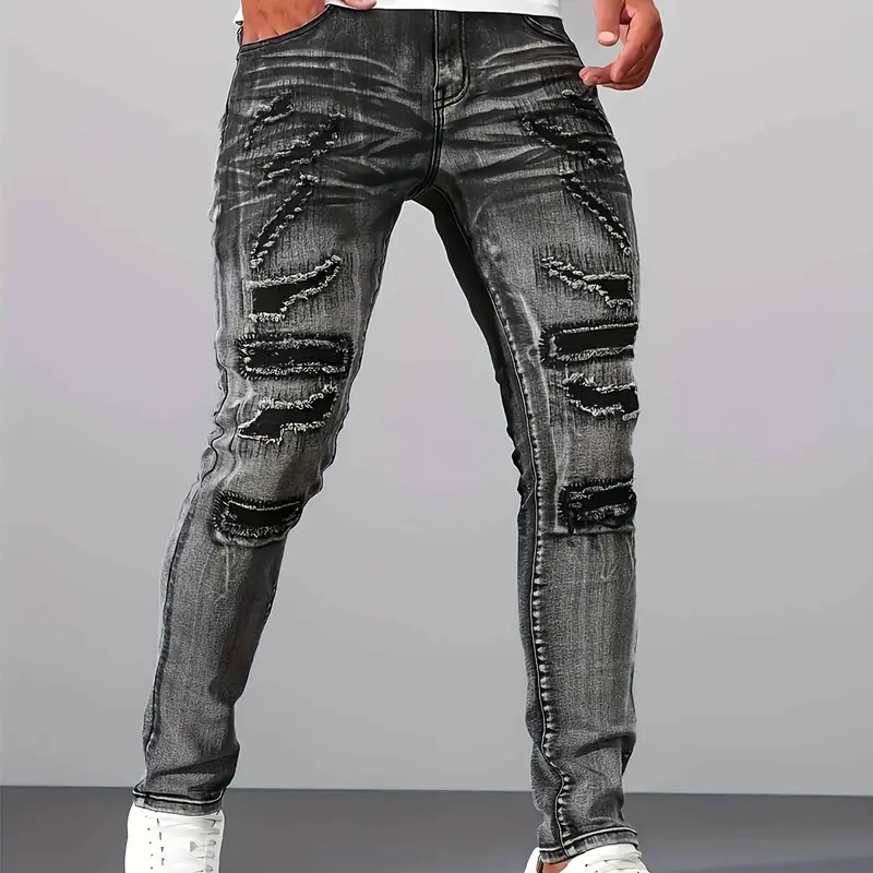 Spring Men’s Streetwear Hip-Hop Layered Patchwork Slim Straight-Leg — Fashionable Motorcycle Riding Denim for Spring chinos pantalones para hombre for cargo for