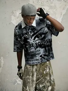 Streetwear Dark Style Graffiti Print Short Sleeve Shirt, Unique Text Eye Design, Trendy Casual Button-Down Top, Versatile Fashion Piece