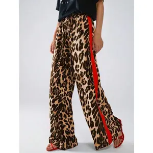 Women Leopard Print Color Block Loose Casual Long Pants, Everyday Wear Fabric Fit