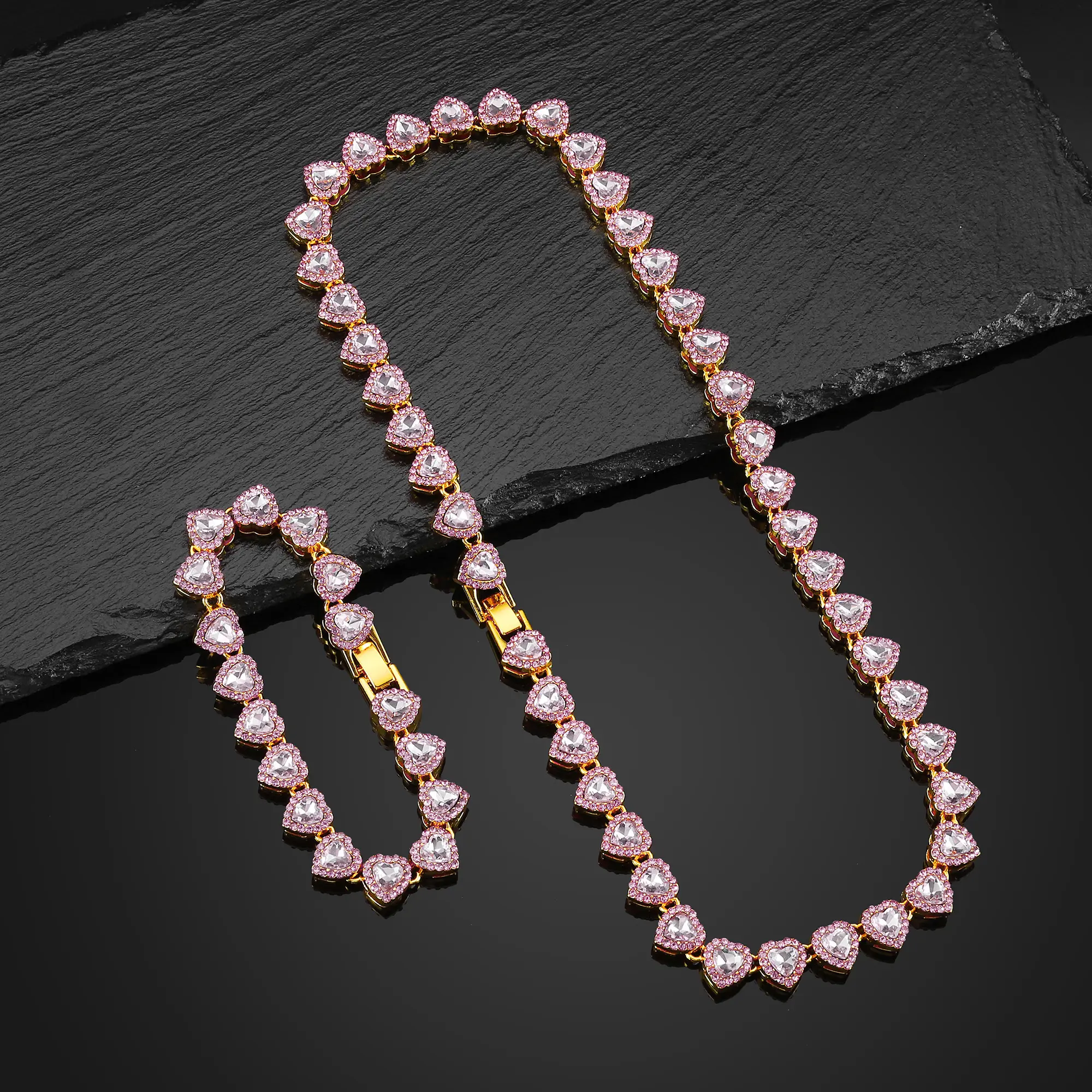 2PCS Hip Hop Style Heart Shape Cuban Necklace & Bracelet Set Luxury Shiny Pink Cubic Zirconia Choker Unisex Punk Hypoallergenic Exaggerated Chain Jewelry Party, Proms, Music Festivals, And Holiday Wear Accessories Birthdays, and Special Occasions Gift