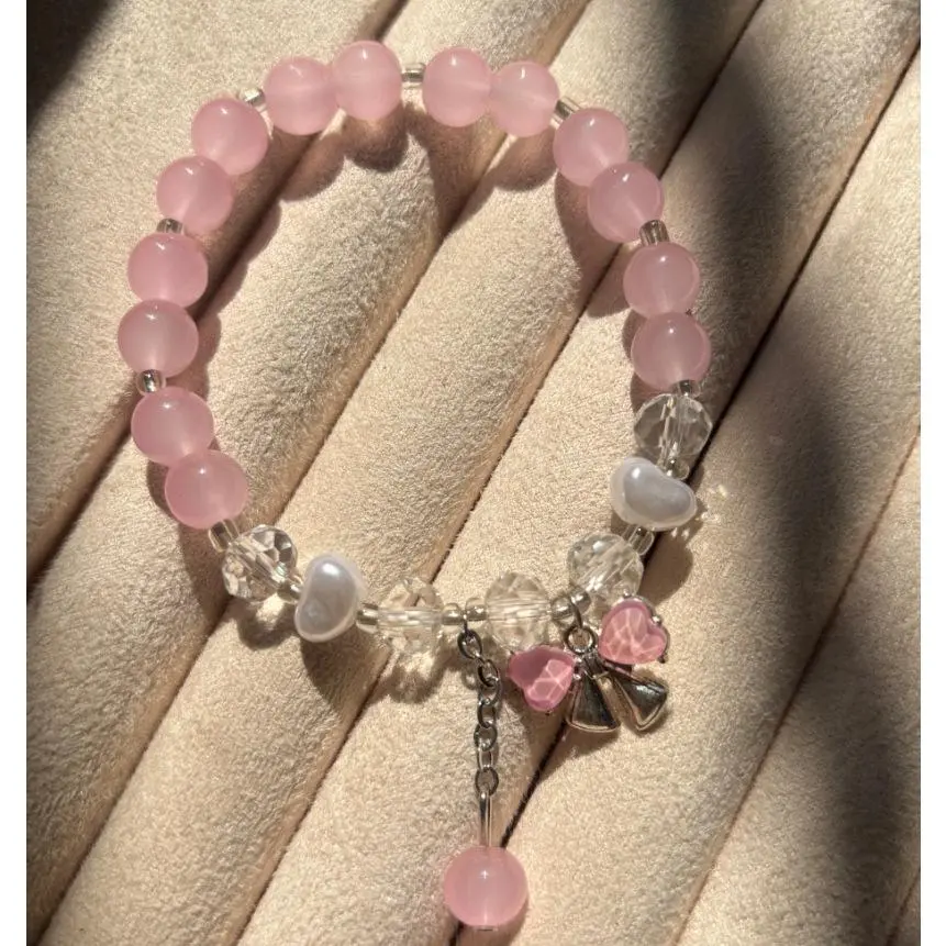 Pink imitation jade bow pearl bracelet#SZ195