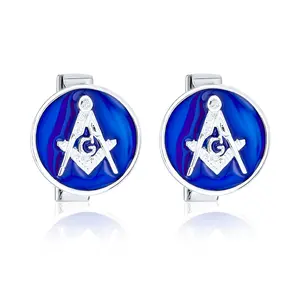 Freemasons Compass Masonic Cufflinks Blue Enamel .925 Sterling Silver
