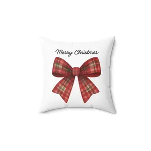 Merry Christmas Plaid Bow Pillow | Decorative Holiday Throw Pillow