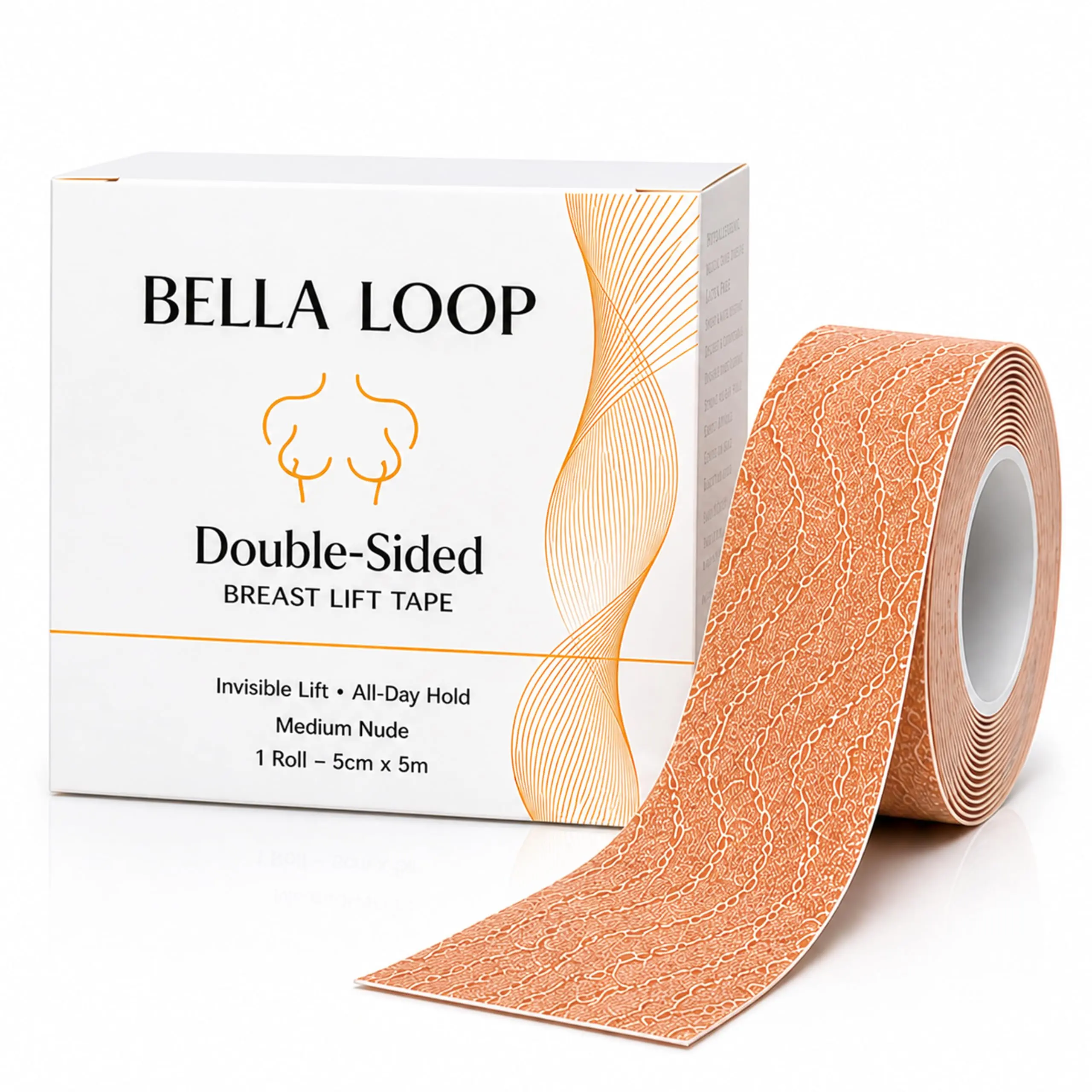 Bella Loop Double-Sided Breast Lift Tape for Strapless & Backless Outfits – Strong Hold Body & Fashion Tape for Skin and Fabric – Sweat Resistant Medium Nude Roll 5cm x 5m