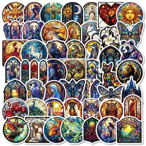 Vintage Colorful Glass Style Sticker, 50pcs/set Angel & Flower & Tree & Girl Pattern Decorative Sticker, DIY Decals for Water Bottle, Laptop, Phone Case, Screen Protector