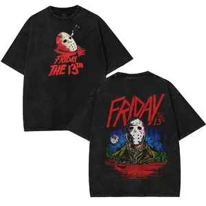 Friday the 13th Jason Horror Washed T-Shirt – Unisex Vintage Streetwear Graphic Tee, Soft Cotton Classic Slasher Movie Outfit