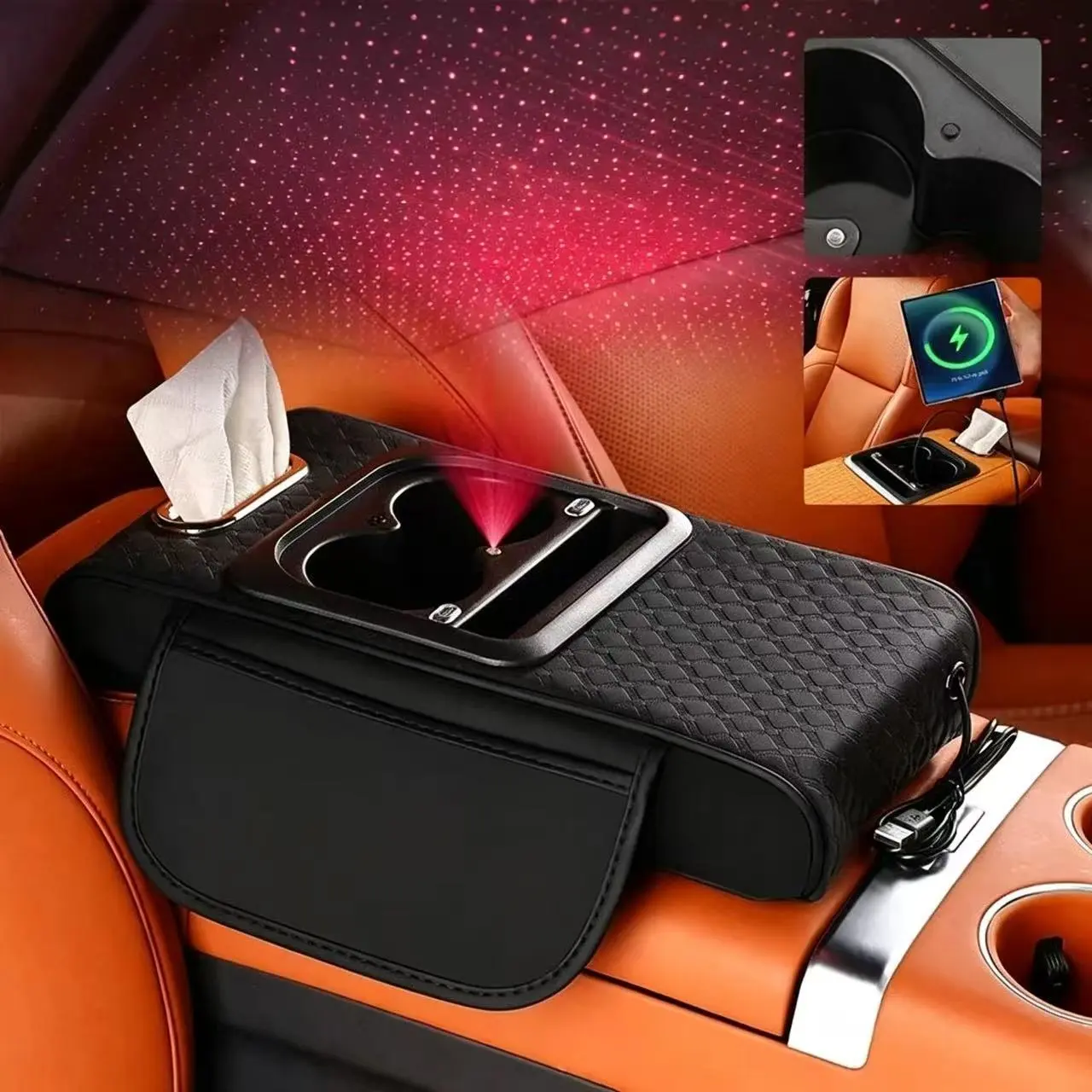 2026 New Model 6-in-1 Armrest Box Height Riser - Nappa Leather & Memory Foam Elbow Support Pad, Water Resistant Reinforced Cup Holder-Tissue Box Combo, Rechargeable Auto Accessories Interior for Car Stowing, Car Accessories, LED Projector, Cars, Tissue+Cu