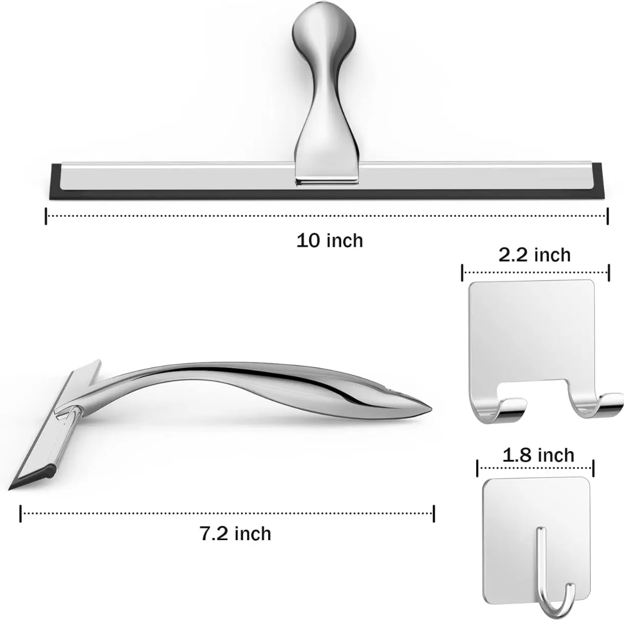 All-Purpose Stainless Steel Shower Squeegee for Shower Glass Door with 2 Adhesive Hooks, Bathroom Cleaner Tool Household Window Mirror Squeegee , Cleaning Tile Wall, Car, 10 Inch Silver