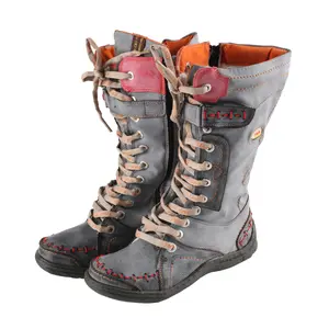TMA EYES PU and Leather Patchwork with Handstitching Upper Lace-Up Faux Fur Lining Mid-calf Women's Boots