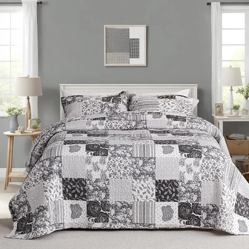 100% Cotton Black White Patchwork Quilt Set Queen 92x96 Inch 3 Piece Quilted Coverlet Bedspread with 2 Pillow Shams