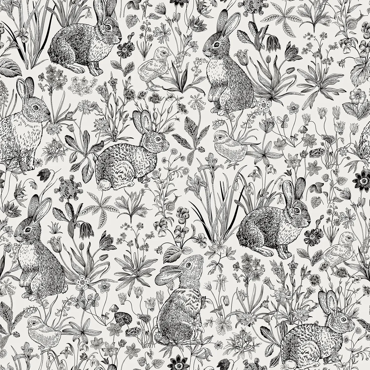 17.5x393in Bunny Toile Peel-and-Stick Wallpaper, Black and White Farmhouse Botanical Cottage Core Floral French Contact Paper, Renter-Friendly Self-Adhesive for Accent Wall, RV, Basement, Apartments