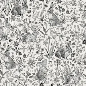 17.5x393 Bunny Toile Peel and Stick Wallpaper Black and White Farmhouse Wallpaper Botanical Cottage Core Floral French Toile Contact Paper Self Adhesive Wi