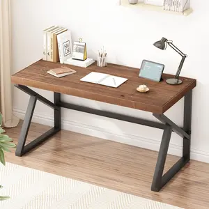 Natural Real Wood Desk, Minimalist 47” Solid Wood Computer Desk, Rustic Real Wood Desk for Home Office Writing Study, Vintage Industrial Wooden PC Gaming Workstation Computer Table, Brown, 47 Inch