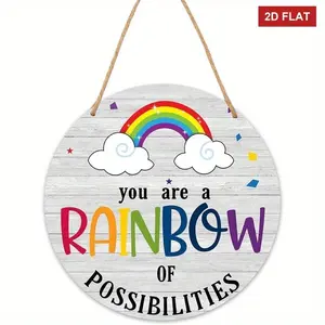 Inspirational Rainbow Cloud Wall Hanging, Colorful 2D Flat Wood Door Decor, Motivational Quote, 9.2x9.2 Inches, Outdoor Rainbow Sign, Home Decoration