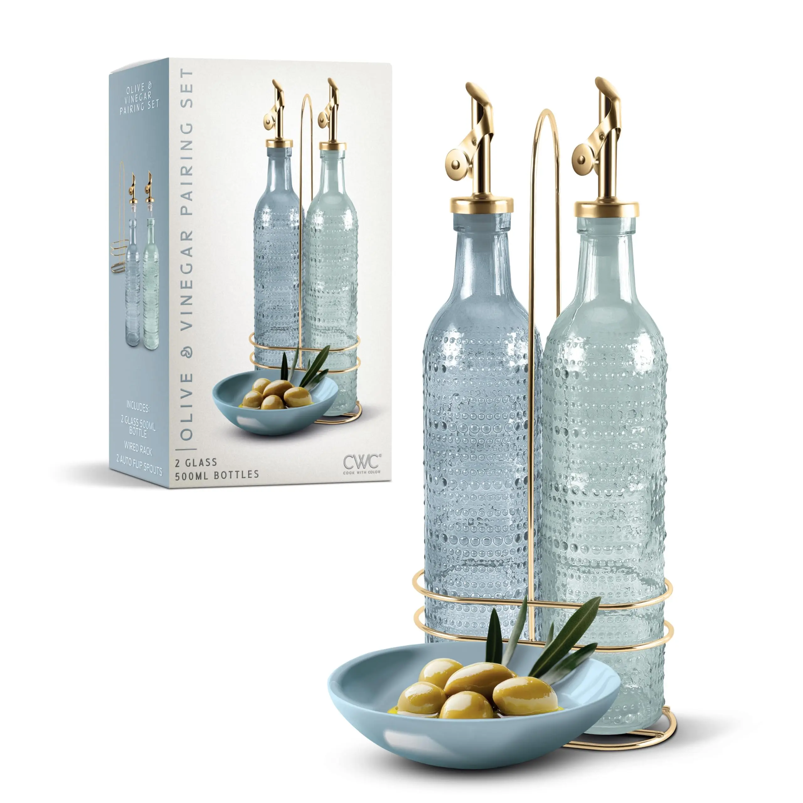 COOK WITH COLOR Glass Olive Oil Bottle Dispenser - 2 Pack- 17oz Oil and Vinegar Cruet - Olive Oil Carafe Decanter for Kitchen