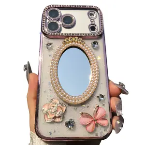 Handmade Phone Case Makeup Mirror Butterfly Flower Protection Cover for iPhone 17 Pro Max 16 Plus 15 Pro 14 13 Pro 12 11 Pro Max Fashion Unique Floral Design, Casing