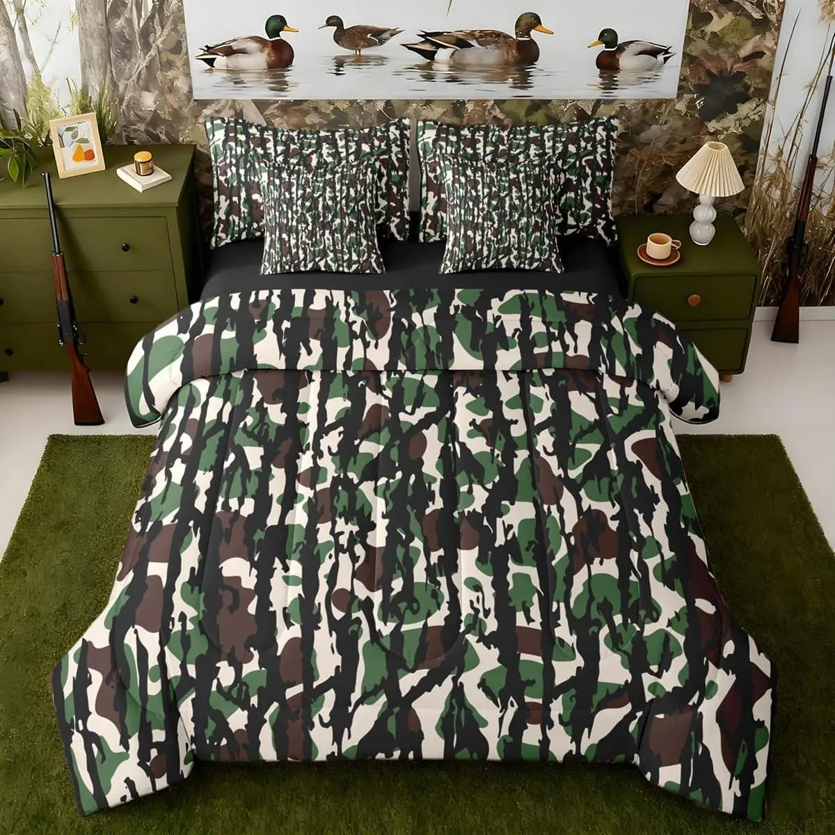 Camouflage Bed in a Bag with Comforter,Sheets,Pillowcases & Cushion Cover Boys Girls Camo Hunting 7 Piece Bedding Set Women Men Ultra Military Style Comforter Set with Sheets Green Brown Black