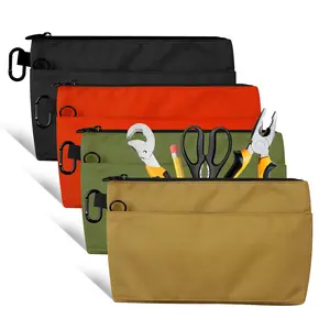 12 Inch Tool Pouches with Zipper, 4 Pack Portable Small Tool Organizer Bag with 2 Compartments & D-Ring Clip, Utility Small Tool Pouch for Electrician, Carpenter, Home Repair, DIY Tools