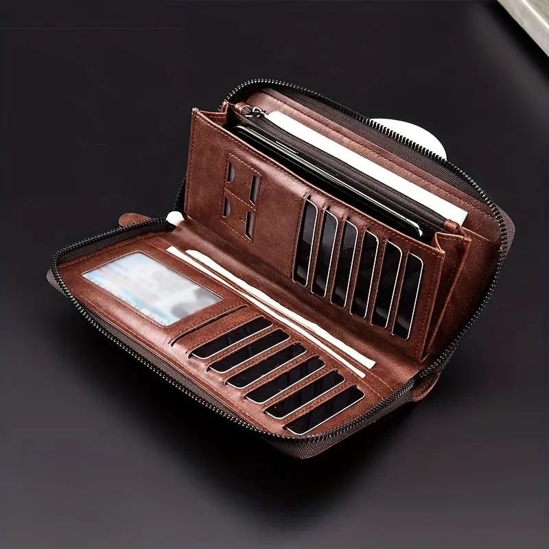 Men's High-Quality PU Leather Long Zipper Business Style Wallet - Multi Functional Anti-Theft Clutch & Credit Card Holder, Multi Functional Wallet, Zipper Wallet Design, Card Holder Wallet