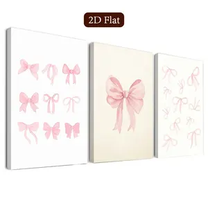 3 Piece Ribbon Framed Wall Art Set, Watercolor Bow Canvas Poster, Elegant Design, Romantic Style, Aesthetic Wall Decor, Home Decor for Living Room, Bedroom, Office