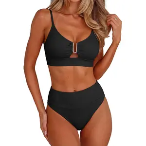 ANRABESS Bikini Sets for Women Summer High Waisted 2 Piece Bathing Suit Ribbed U-Wire Cutout Swimsuit Beach Vacation 2026