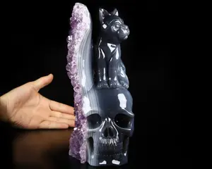 8.7" Agate Amethyst Geode Carved Crystal Skull & Cat, Crystal Healing