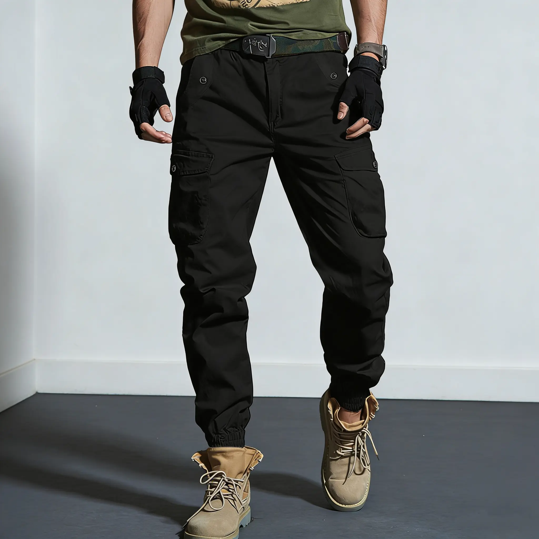 Two-pack: woven plain fabric and solid-color men’s cargo pants featuring an elastic waistband with drawstring, a loose straight tapered fit, multiple pockets including large pockets—ideal for everyday casual wear and work, perfect for cargo outfits and ou Two-pack: woven plain fabric and solid-color men’s cargo pants featuring an elastic waistband with drawstring, a loose straight tapered fit, multiple pockets including large pockets—ideal for everyday casual wear and work, perfect for cargo outfits and ou
