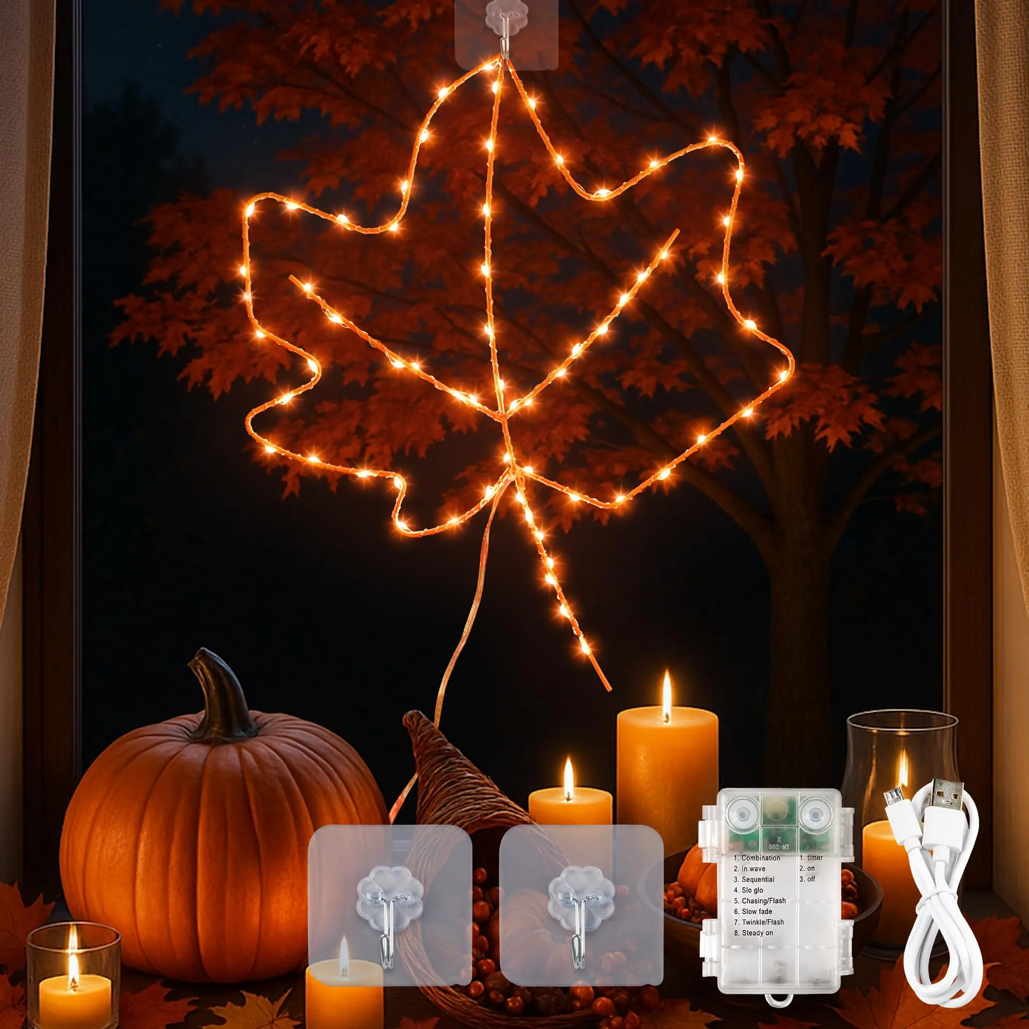 Thanksgiving Window Lights 64led Battery/usb Operated Maple Leaves For Fall Decor  8modes Timer Home Indoor Glass Wall Porch Outdoor