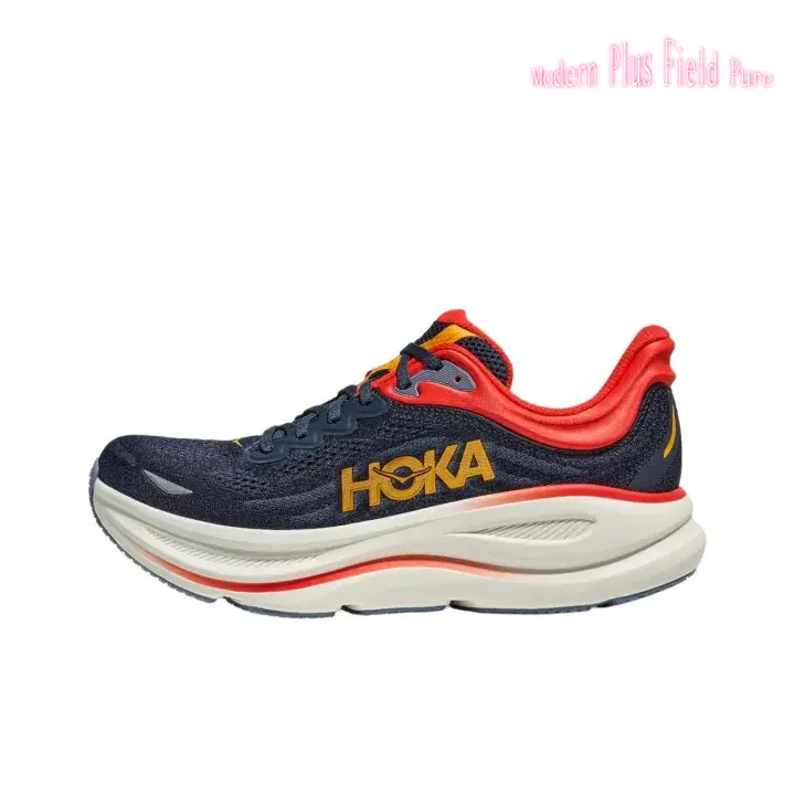 Navy Blue Breathable Knit Mesh Unisex Road Running Sneakers Warm Golden Yellow Letter Print Burgundy Collar Strip Off White Thick Layered EVA Cushion Midsole Shock Absorbing Long Distance Training Athletic Shoes