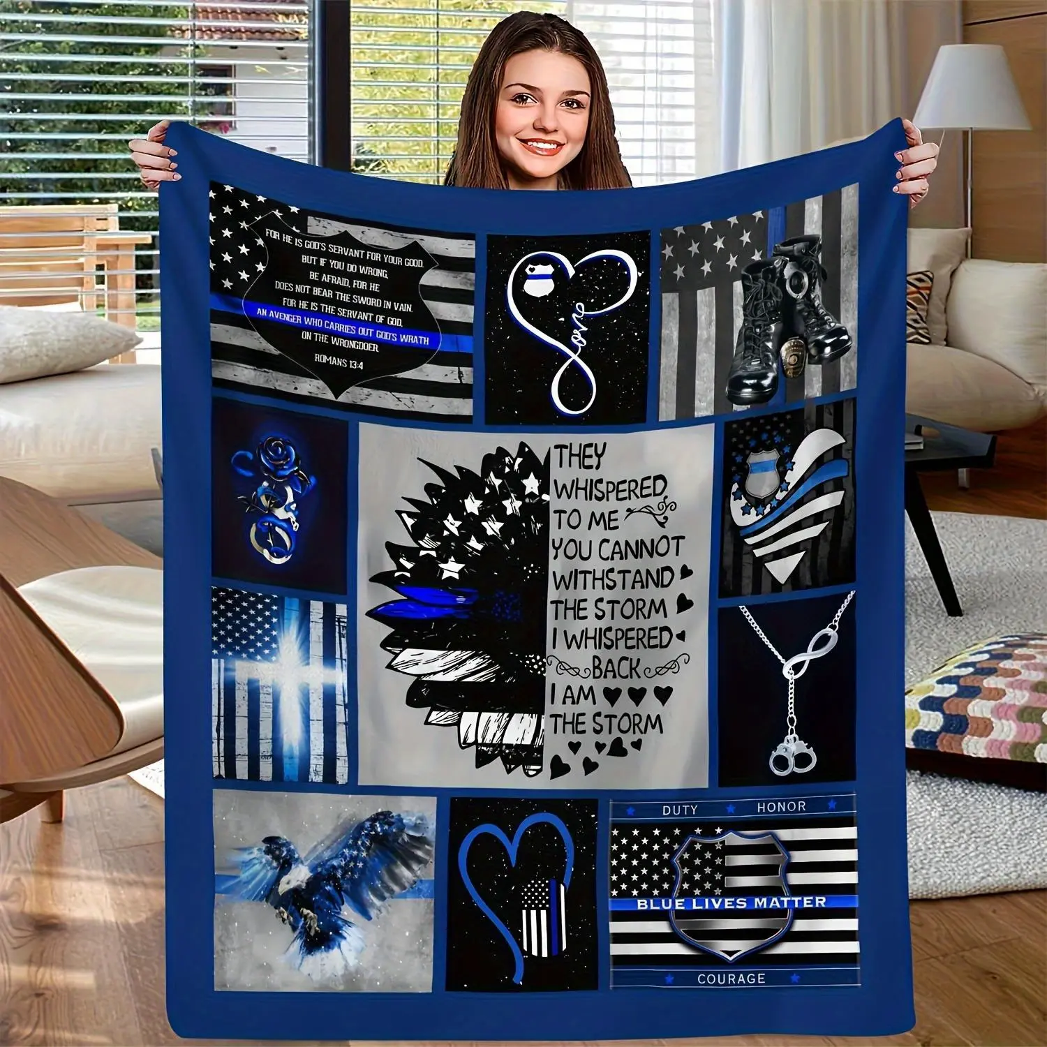 Vintage Patriotic Flannel Polyester Blanket - American Flag, Police Badge, Star Print, Heavy Sofa Bed Cover, All-Season, Machine Washable, Police Officer Gift, Home Decor (Black, White)