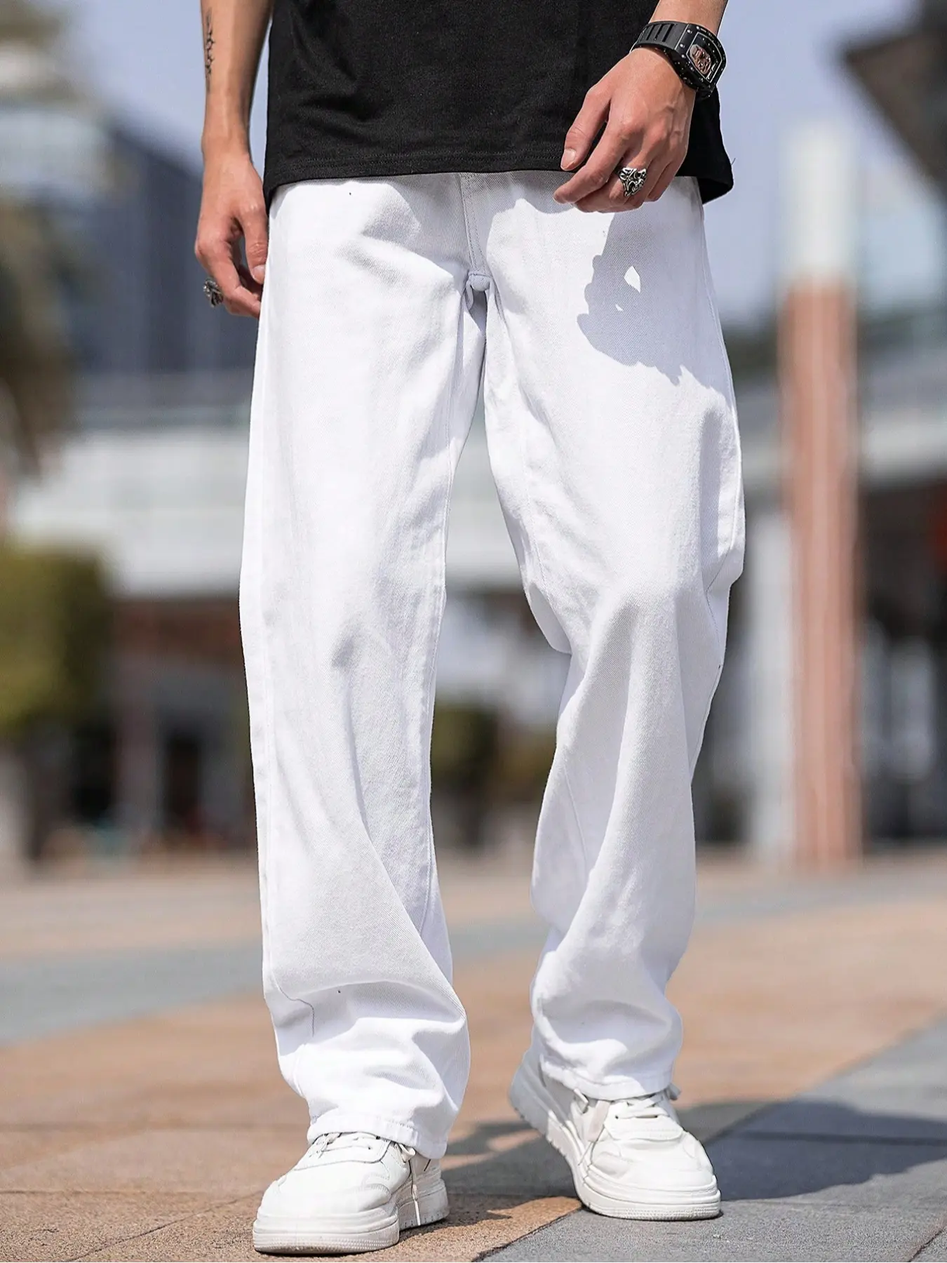 Men's casual plain solid-color wide-leg loose white Denim Woven Jeans. Featuring a classic version and simple design, they have a casual and easy-going style, suitable for daily streetwear and casual activities for all body types Pants Menswear