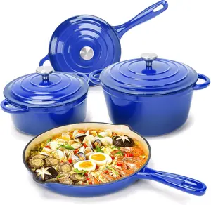 Uniflasy Premium 7-Piece Cobalt Blue Enameled Cast Iron Cookware Set - Dutch Oven, Sauce Pan & Skillet with 3 Tempered Glass Lids, Heavy Duty PFOA-Free Ceramic Coating, Oven & Induction Safe
