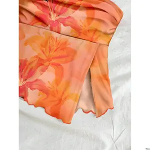 RaveTop SummerHawaiiFlowery OrangeHibiscusFloralPrint SoleiaWomen sCasualVacationRuchedAsymmetricalHemSlitFittedTubeTop