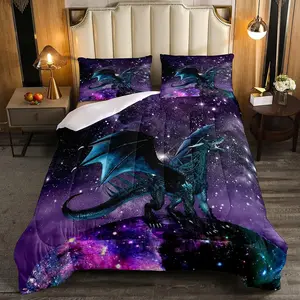 Dragon Bedding Set,Purple Nebula Comforter Set,Mysterious Outer Space Duvet Set,Trippy Bedding Set,Safari Wildlife Animals Quilt Set