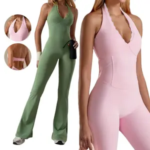 V-Neck Lace One-Piece Yoga Jumpsuit