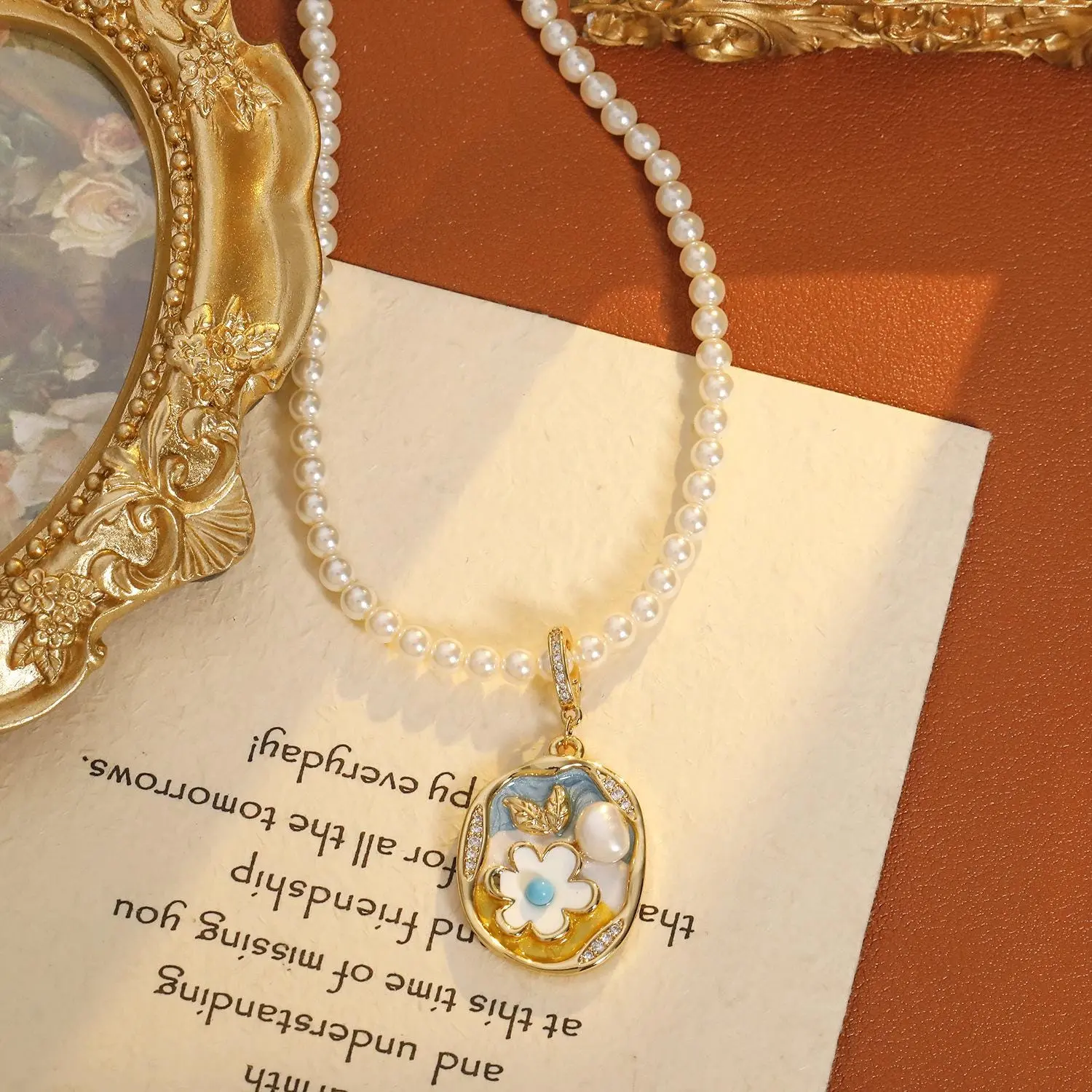Monet Impressionist Pearl Necklace – Vintage Baroque Freshwater Pearl Flower Pendant, Autumn Sweater Chain