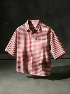 Unisex Red-White Gingham Checkered Cross "God is good" Print Button-Down Shirt, Oversized Cropped Fit, American Retro Religious Street Style, Summer Casual Versatile Top with handwritten slogan & vintage carved cross detail