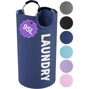 95L Collapsible Laundry Baskets for Boy, Big Clothes Hampers with Handles, Stand-alone Laundry Bin, Dirty Clothes Basket for, Camping, Navy Blue