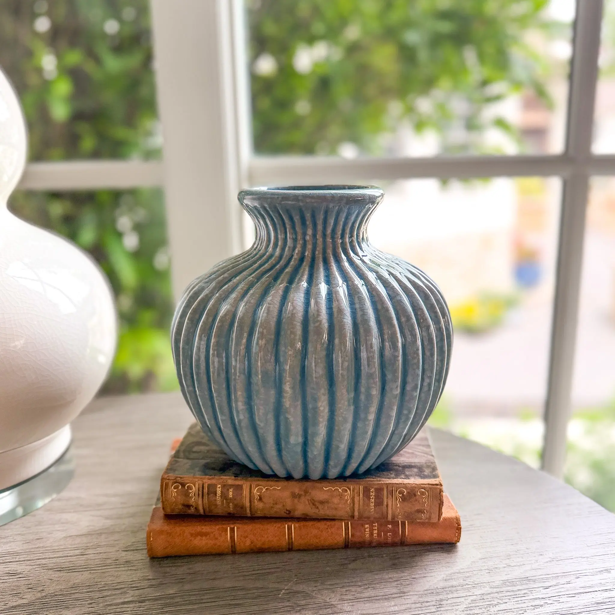 Light Blue Ribbed Ceramic Vase 7.75"