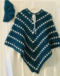Beautiful Poncho with Matching Bonnet - Teal and White Crochet Design for Cozy Outfits